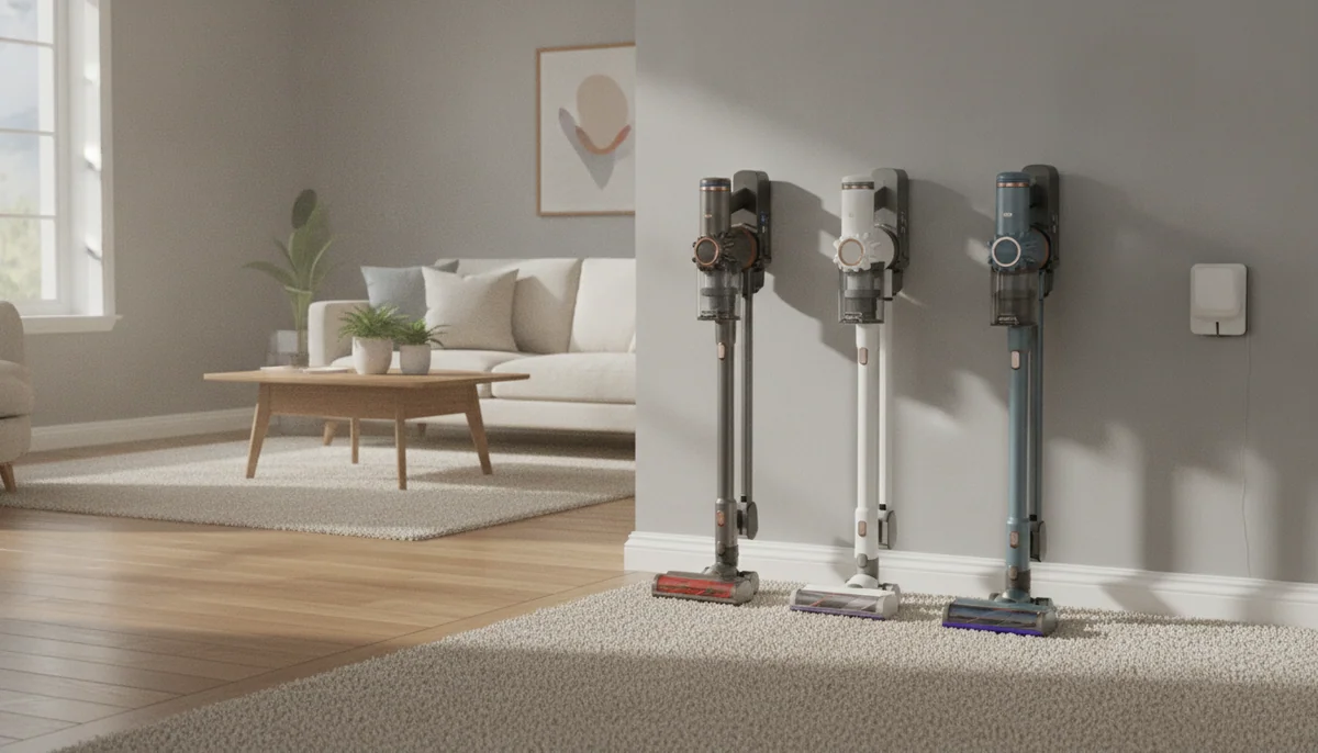 Three cordless stick vacuums stand in a bright family living room beside a charging dock, with hardwood and carpeted areas ready for cleaning.