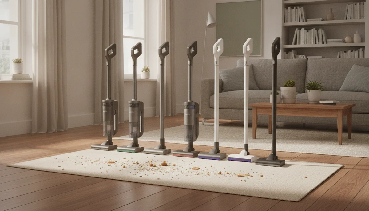 Several modern stick vacuums and electric brooms stand in a tidy living room with hardwood, a low-pile rug, and scattered crumbs ready for cleaning.