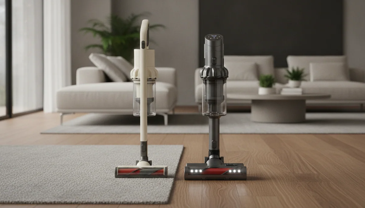 An older compact cordless stick vacuum and a newer larger cordless stick vacuum stand side by side in a modern living room with carpet and hardwood test areas.
