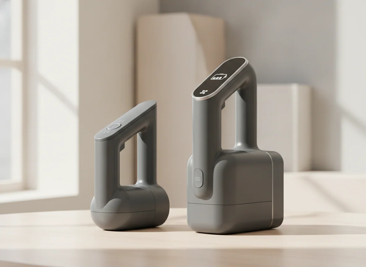 Two cordless vacuum handles sit together, showing a simple power control on one and a larger status display with a higher-capacity battery on the other.