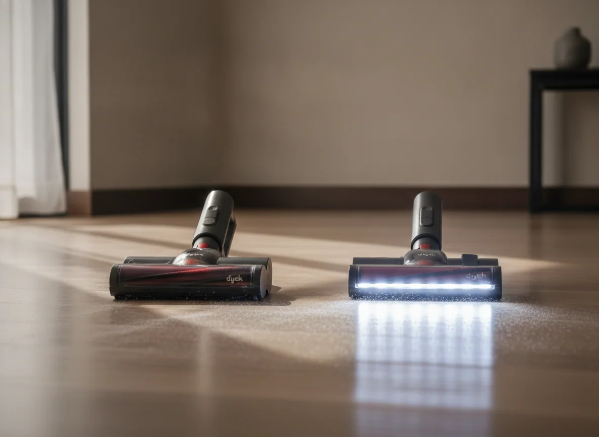 Two advanced floor heads sit side by side, with one using a standard powered brush and the other casting a bright beam across hidden dust.
