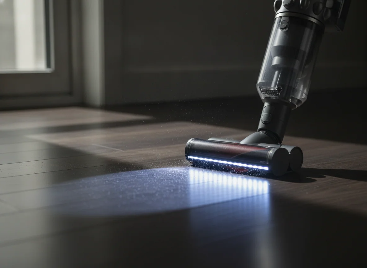 A premium cordless stick vacuum passes over fine dust on dark hardwood, with a bright floor-level beam revealing particles ahead of the cleaner head.