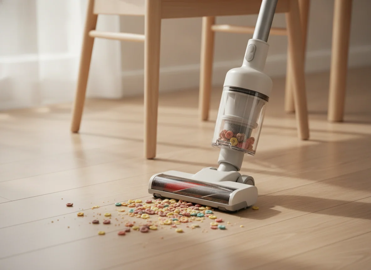 A basic lightweight stick vacuum cleans cereal from beneath an inexpensive dining chair, with a compact dust cup visible above the floor head.