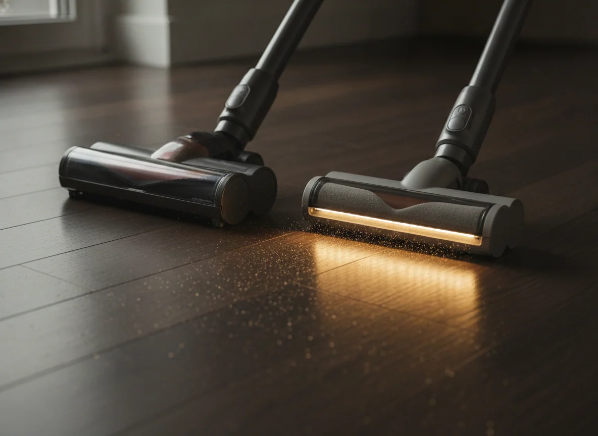 A basic powered floor head sits beside a soft roller head that illuminates fine particles across a dark wood floor.