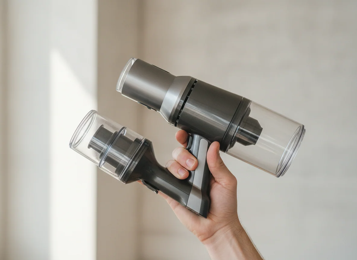 A hand holds the two detachable handheld vacuum bodies side by side, showing different dust-cup sizes and handle shapes without visible markings.