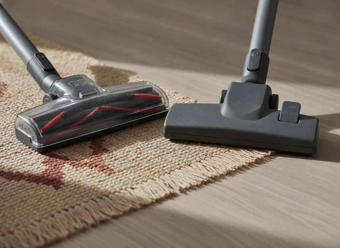 Two generic floor heads sit beside each other at the edge of a rug, one with a powered brush roll and one with a simple suction opening.