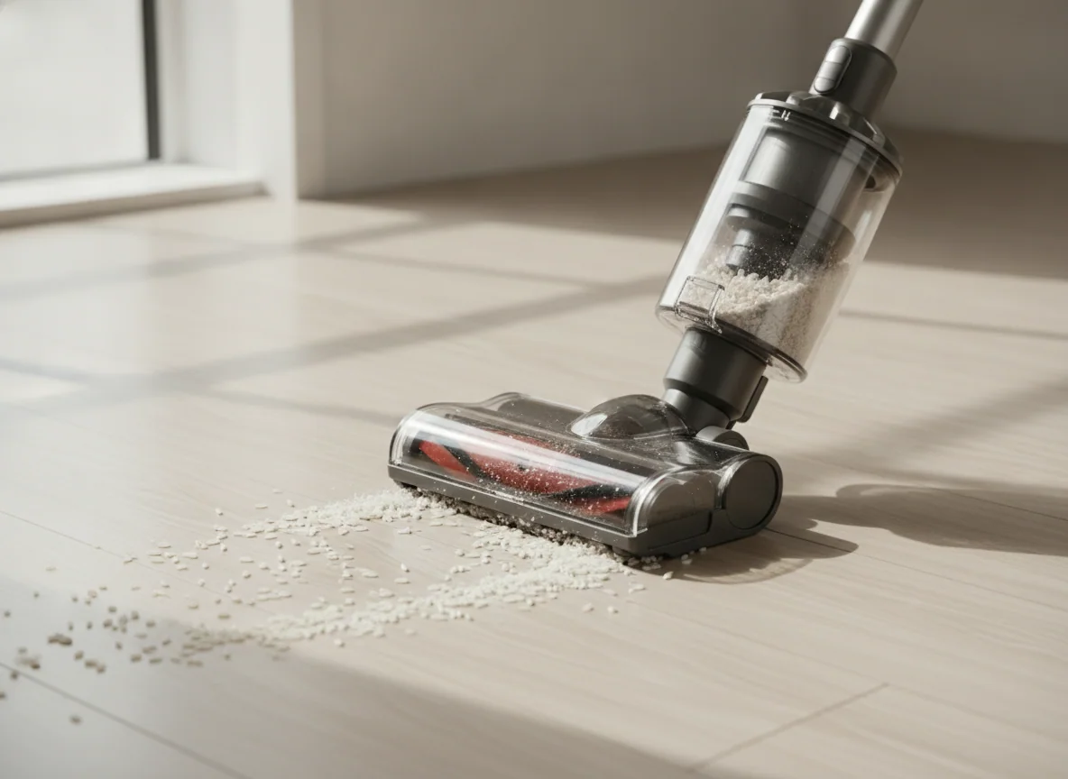A basic cordless stick vacuum collects rice and dust from a hard floor, showing a simple floor head and small clear dust bin.