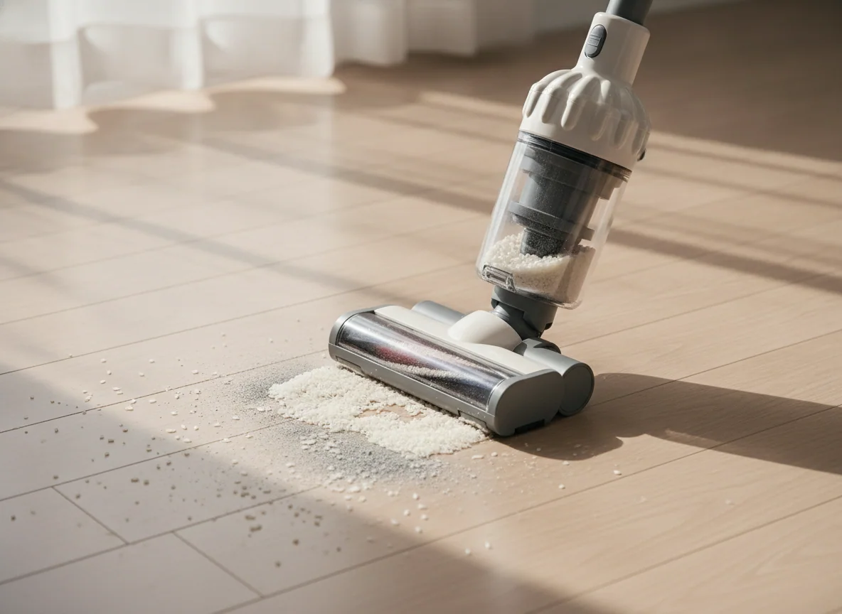 A basic cordless stick vacuum collects rice and dust from a hard floor, showing a simple floor head and small clear dust bin.