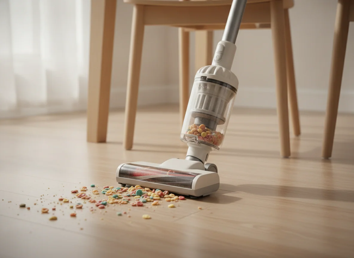 A basic lightweight stick vacuum cleans cereal from beneath an inexpensive dining chair, with a compact dust cup visible above the floor head.