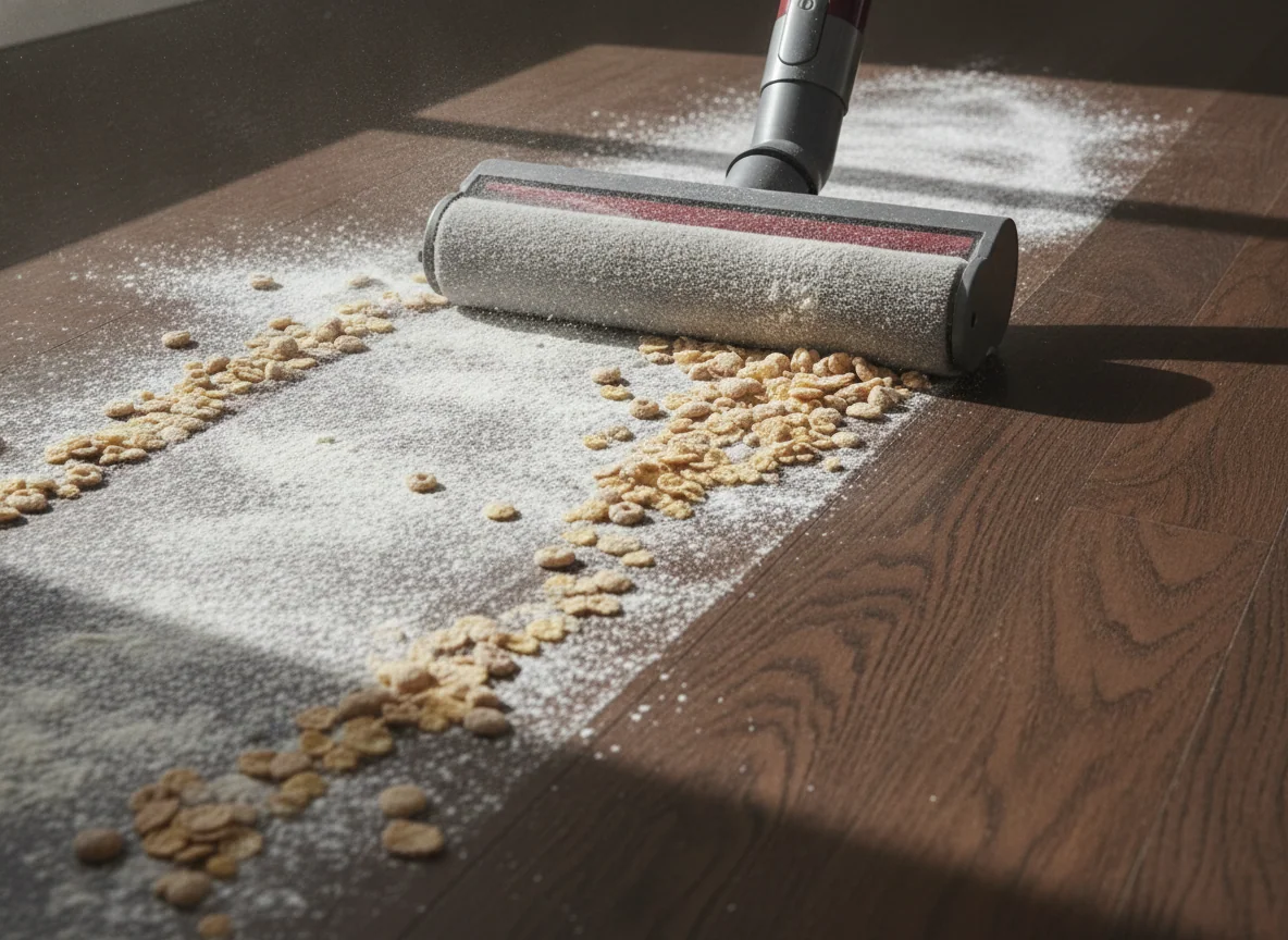 A soft roller head passes over flour and cereal pieces on hardwood, leaving a clean surface directly behind it.