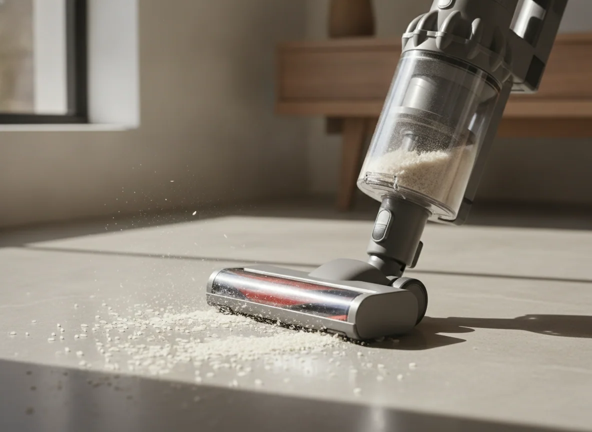 A basic cordless stick vacuum collects rice and dust from a hard floor, showing a simple floor head and small clear dust bin.