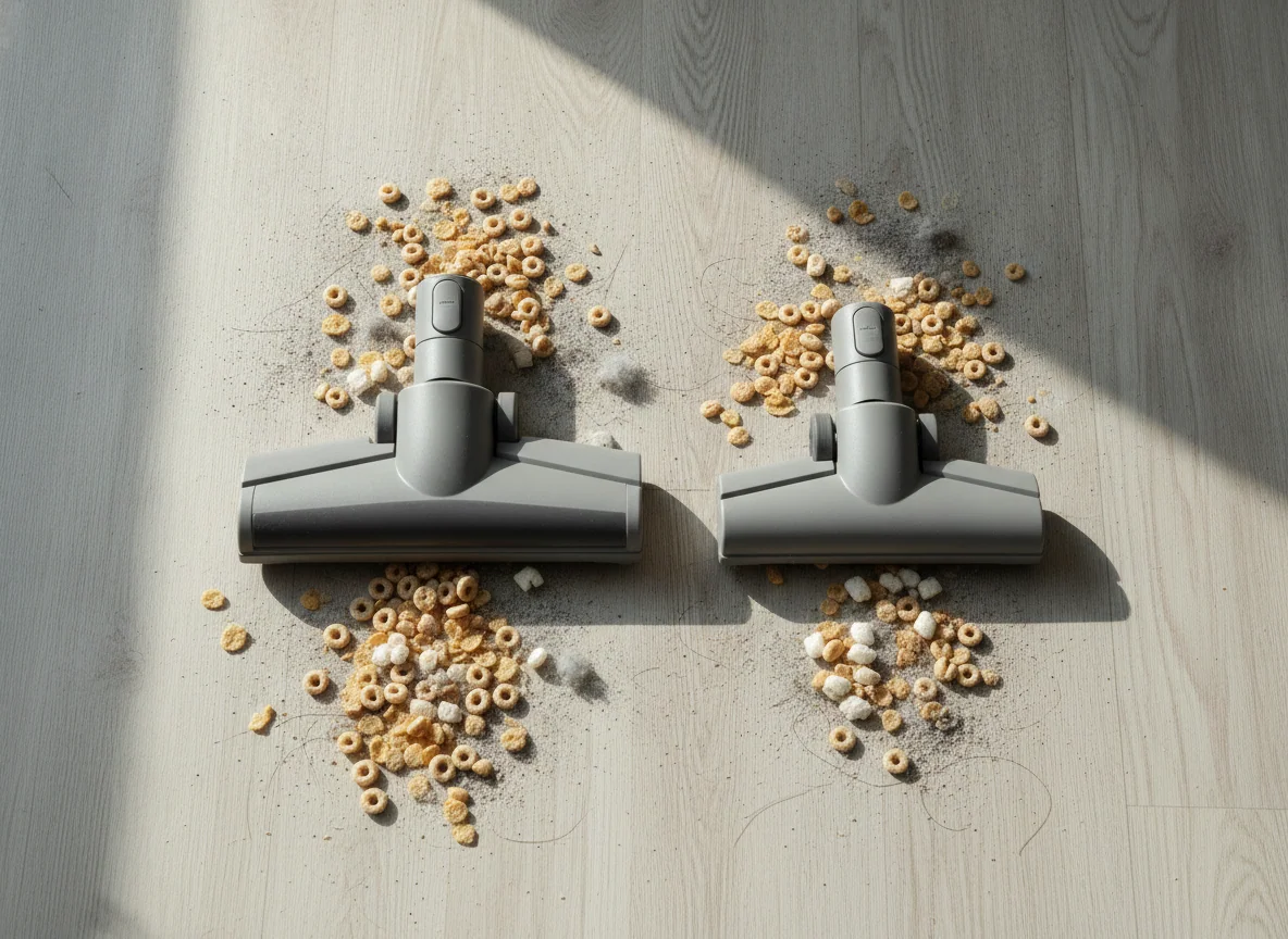 The two simple floor heads rest beside scattered cereal and dust, showing different widths and swivel joints without any visible markings.