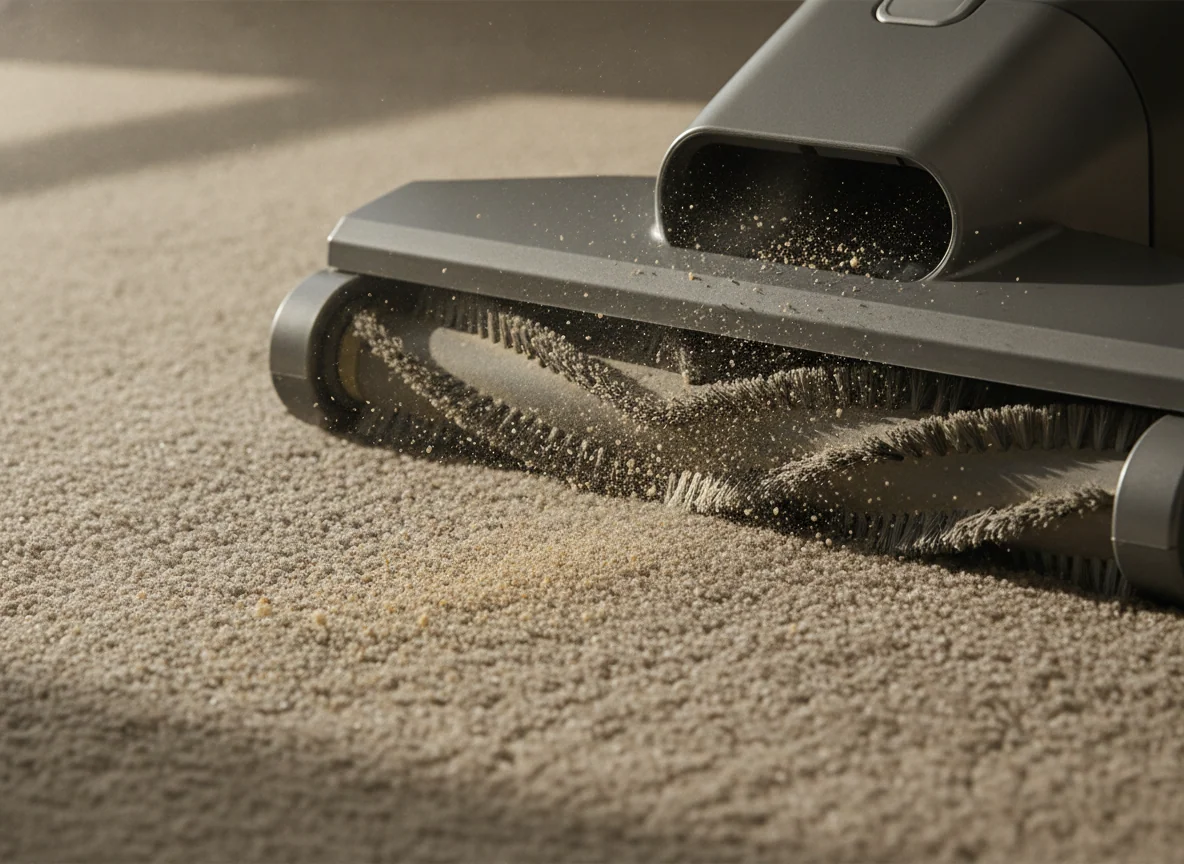 A rotating brush roll agitates medium-pile carpet and lifts embedded crumbs into the vacuum opening.