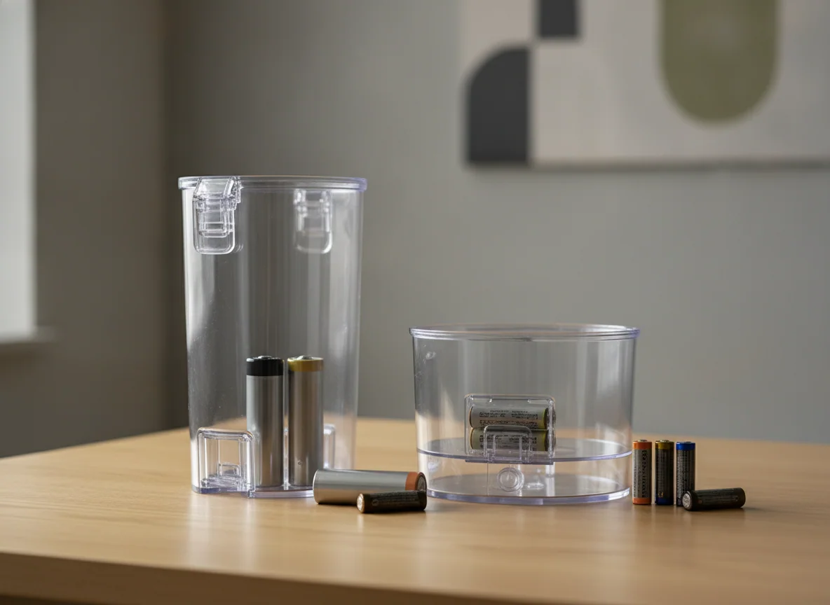The two clear dust bins and removable batteries are compared on a clean table, showing different capacities and release mechanisms.
