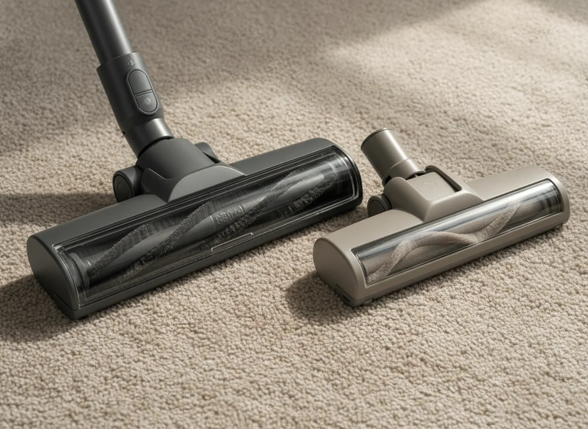 The two motorized floor heads rest together on carpet, clearly showing their different widths and brush-roll housings.