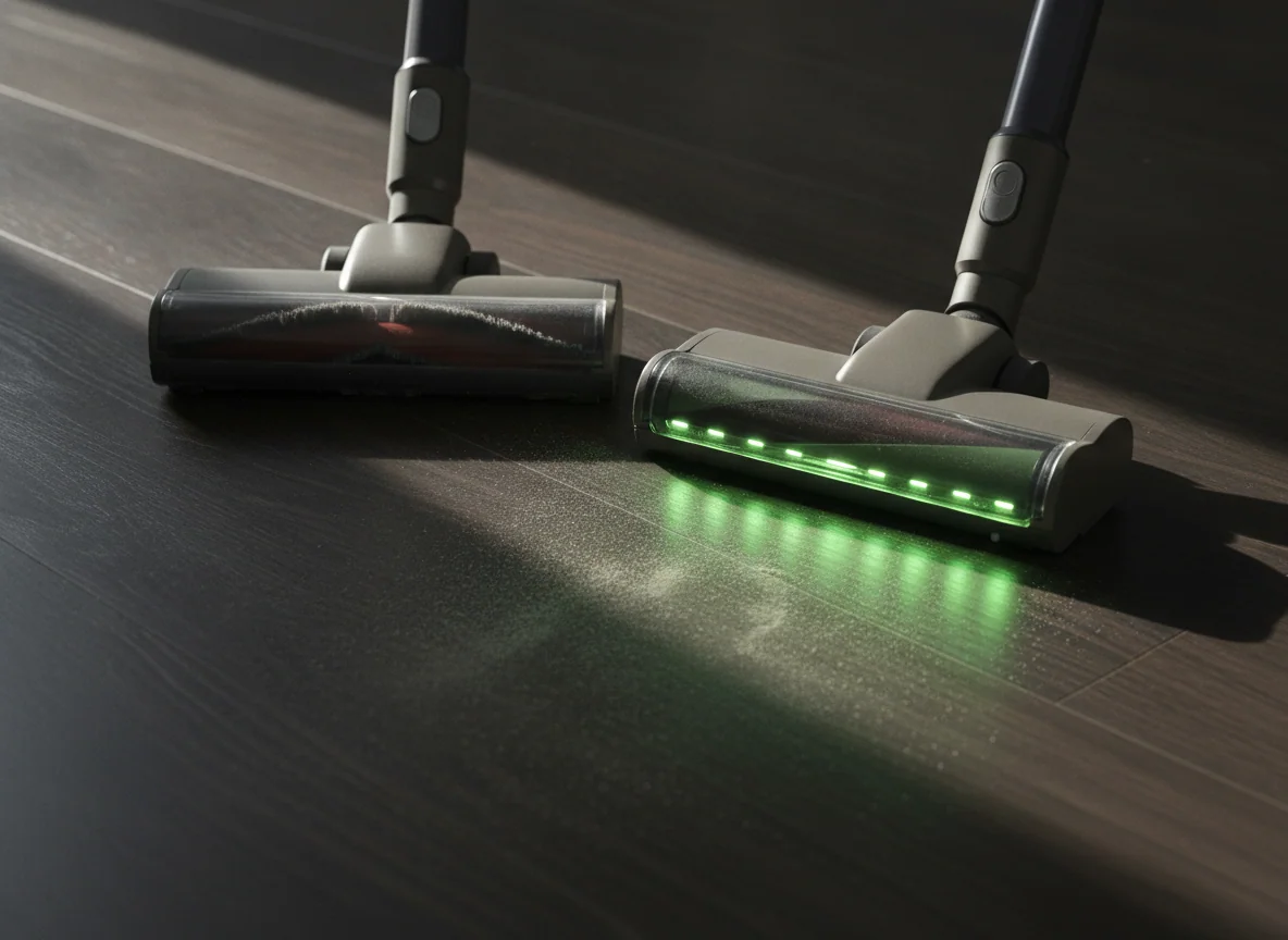 Two advanced floor heads sit side by side, with one using a standard powered brush and the other casting a bright beam across hidden dust.
