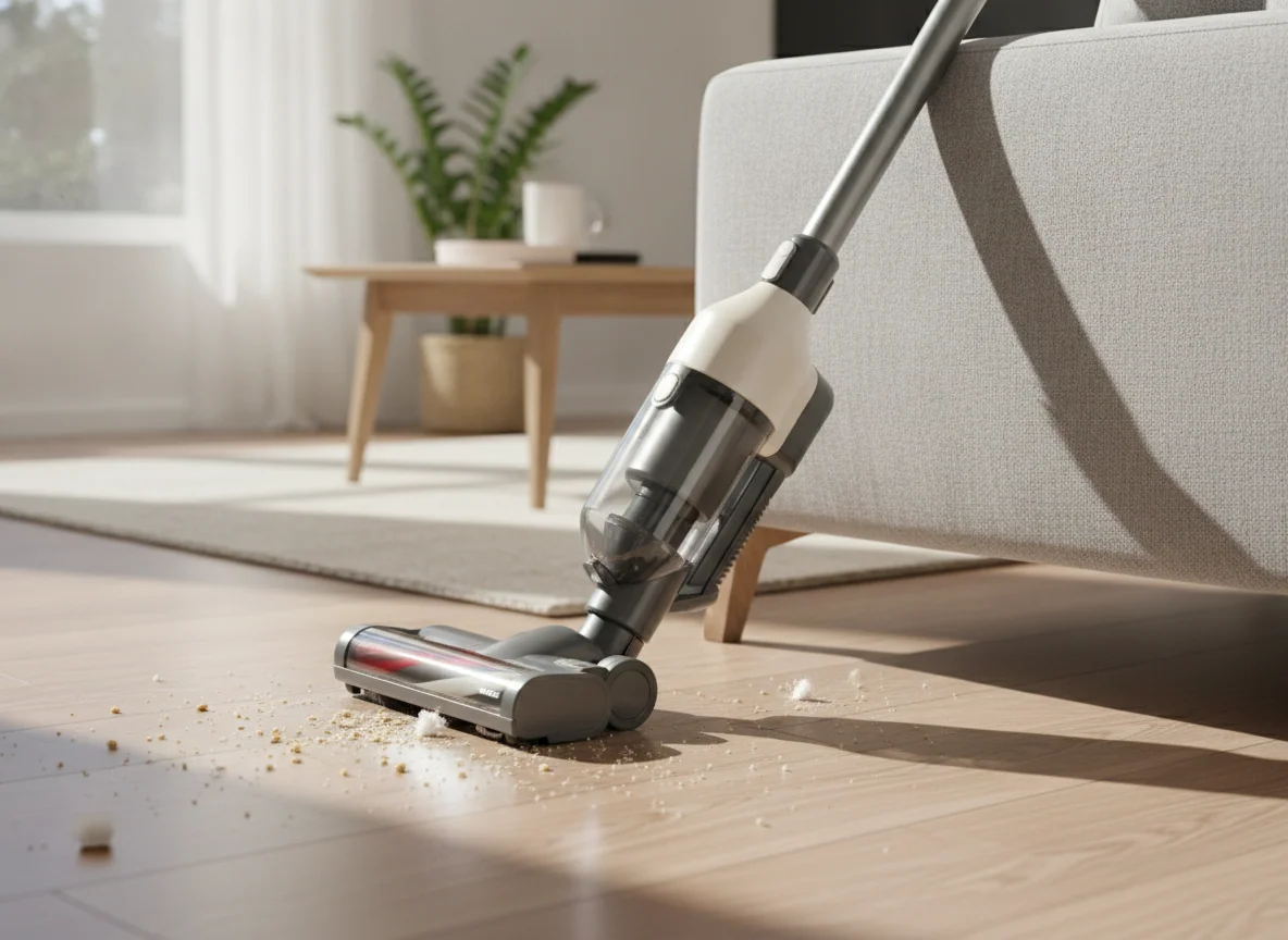 A cordless stick vacuum bends low beneath a sofa while its powered brush roll gathers crumbs from the floor.