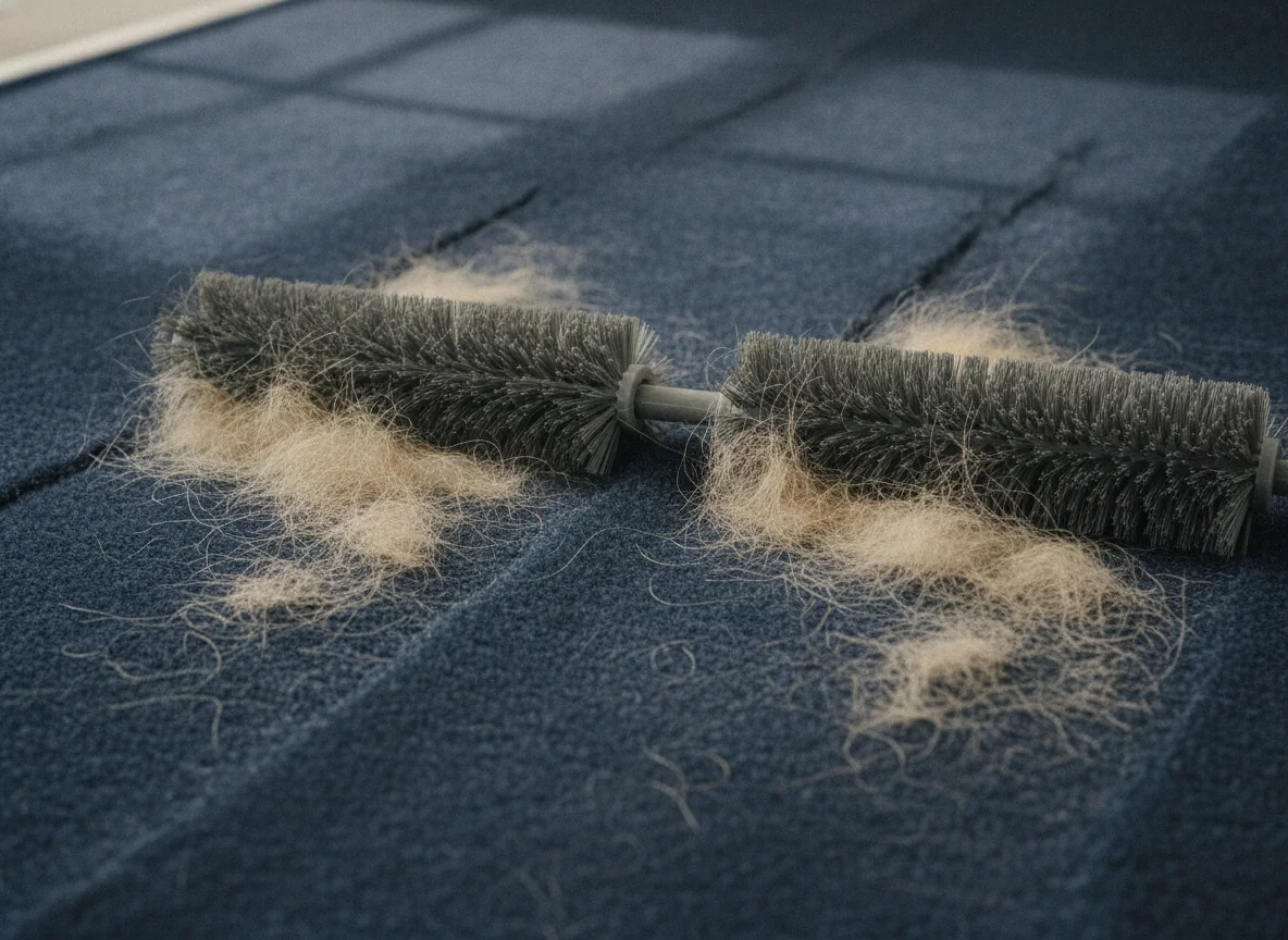 The two brush rolls lift pale pet hair from dark carpet in parallel paths, with strands and collected fur clearly visible.