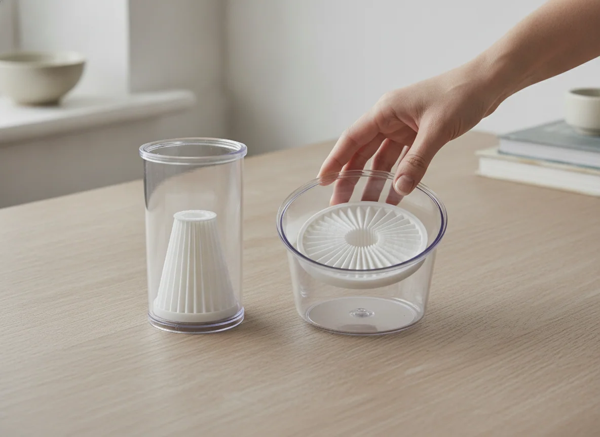 A hand compares their clear dust cups and washable filters on a plain table, showing different capacities and filter shapes.