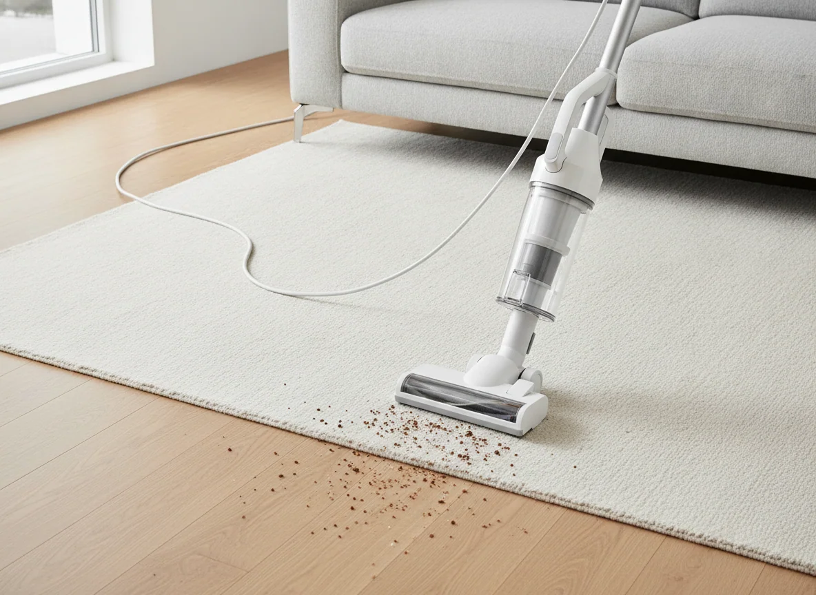 A lightweight corded stick vacuum cleans crumbs from a low-pile rug while its power cord trails neatly across the floor.