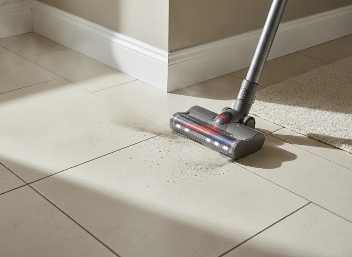 A slim cordless floor head reaches into a tiled corner, drawing in fine dust from the grout lines and baseboard.