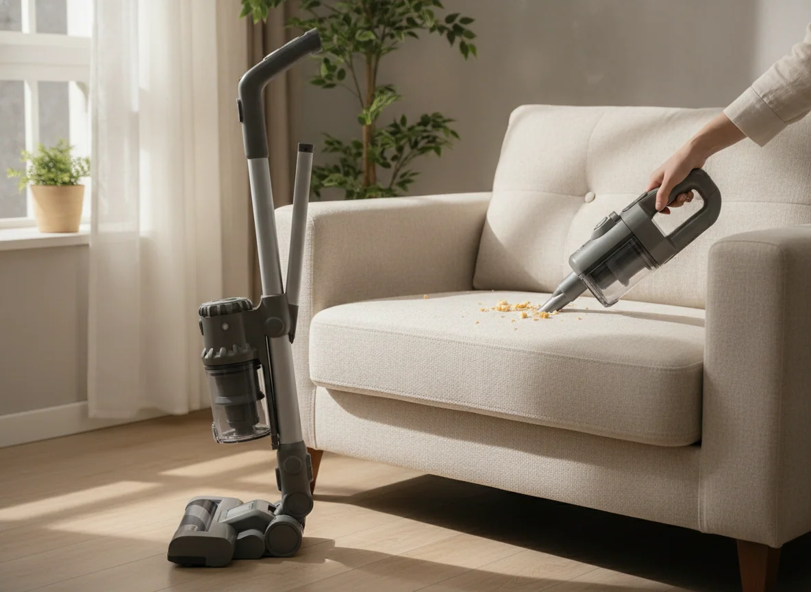 A lightweight stick vacuum folds or separates into a handheld unit for cleaning crumbs from a compact apartment sofa.