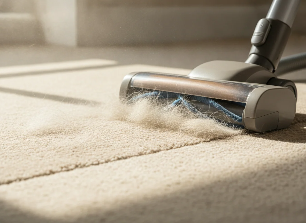 A motorized brush roll lifts clumps of pet hair from carpet, with the cleaned strip clearly visible behind the floor head.