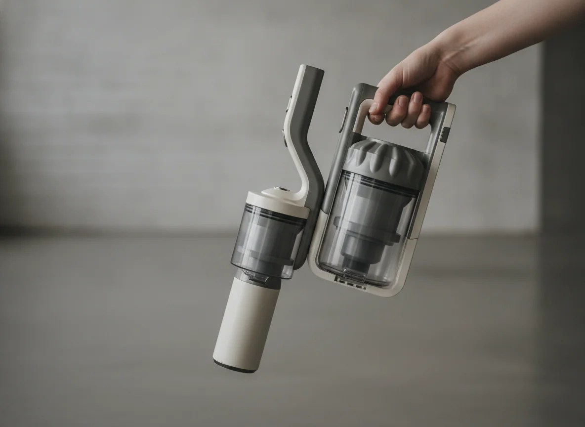 A hand holds the two detachable handheld vacuum bodies side by side, showing different dust-cup sizes and handle shapes without visible markings.