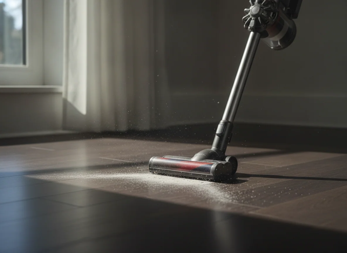 A premium cordless stick vacuum passes over fine dust on dark hardwood, with a bright floor-level beam revealing particles ahead of the cleaner head.