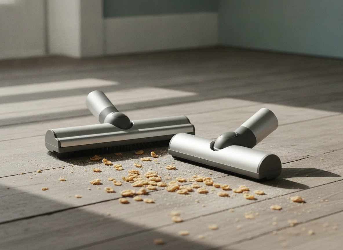 The two simple floor heads rest beside scattered cereal and dust, showing different widths and swivel joints without any visible markings.