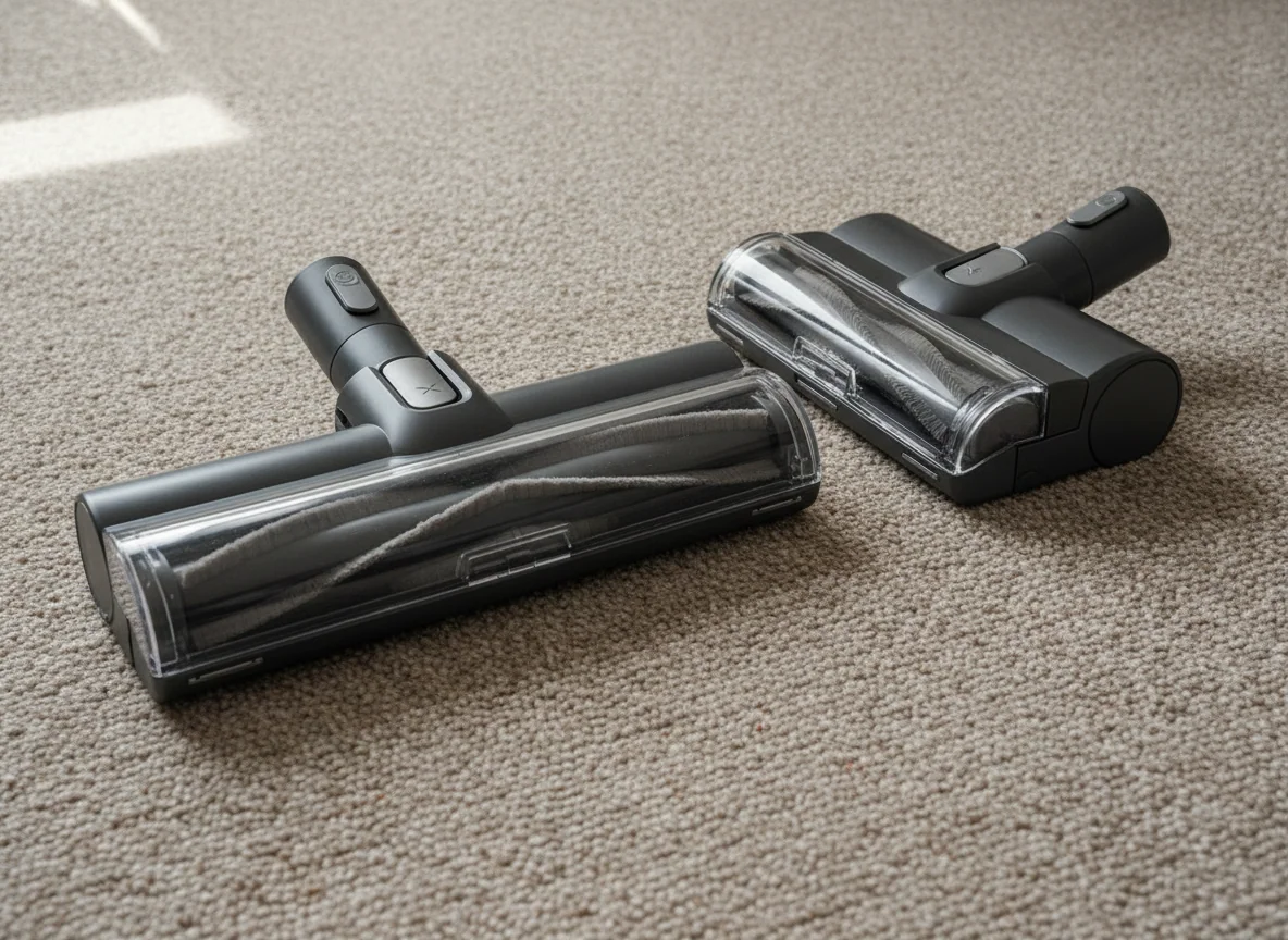 The two motorized floor heads rest together on carpet, clearly showing their different widths and brush-roll housings.
