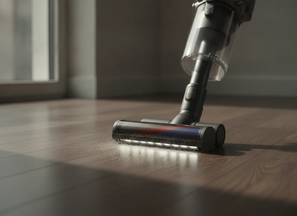A premium cordless stick vacuum passes over fine dust on dark hardwood, with a bright floor-level beam revealing particles ahead of the cleaner head.
