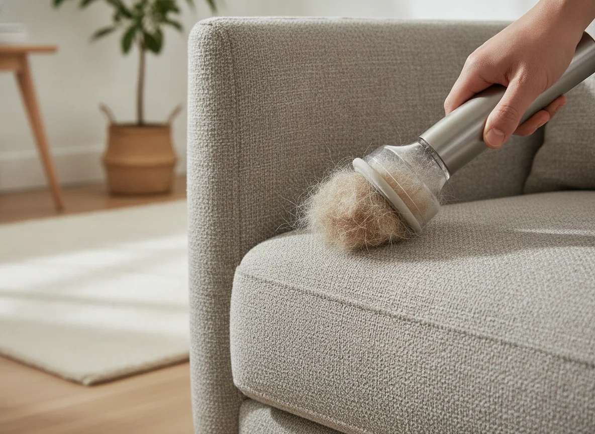 A removable upholstery tool pulls pet hair from a fabric sofa cushion, with fur collecting inside the clear nozzle.