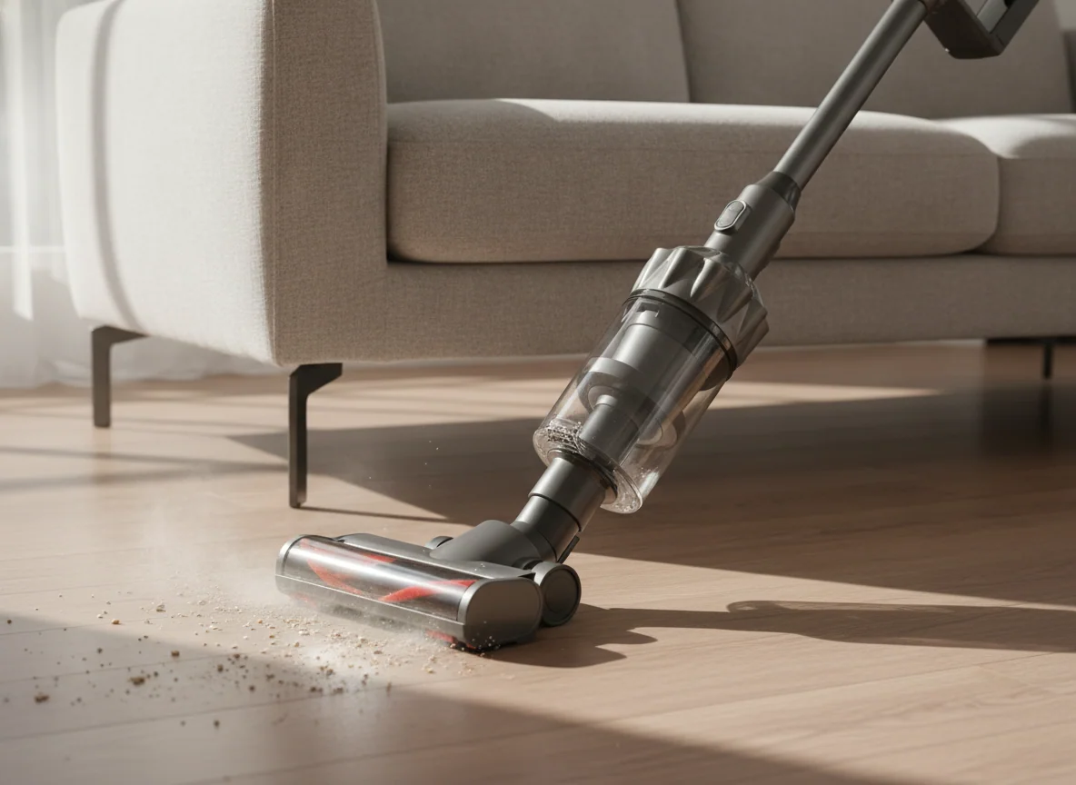 A cordless stick vacuum bends low beneath a sofa while its powered brush roll gathers crumbs from the floor.