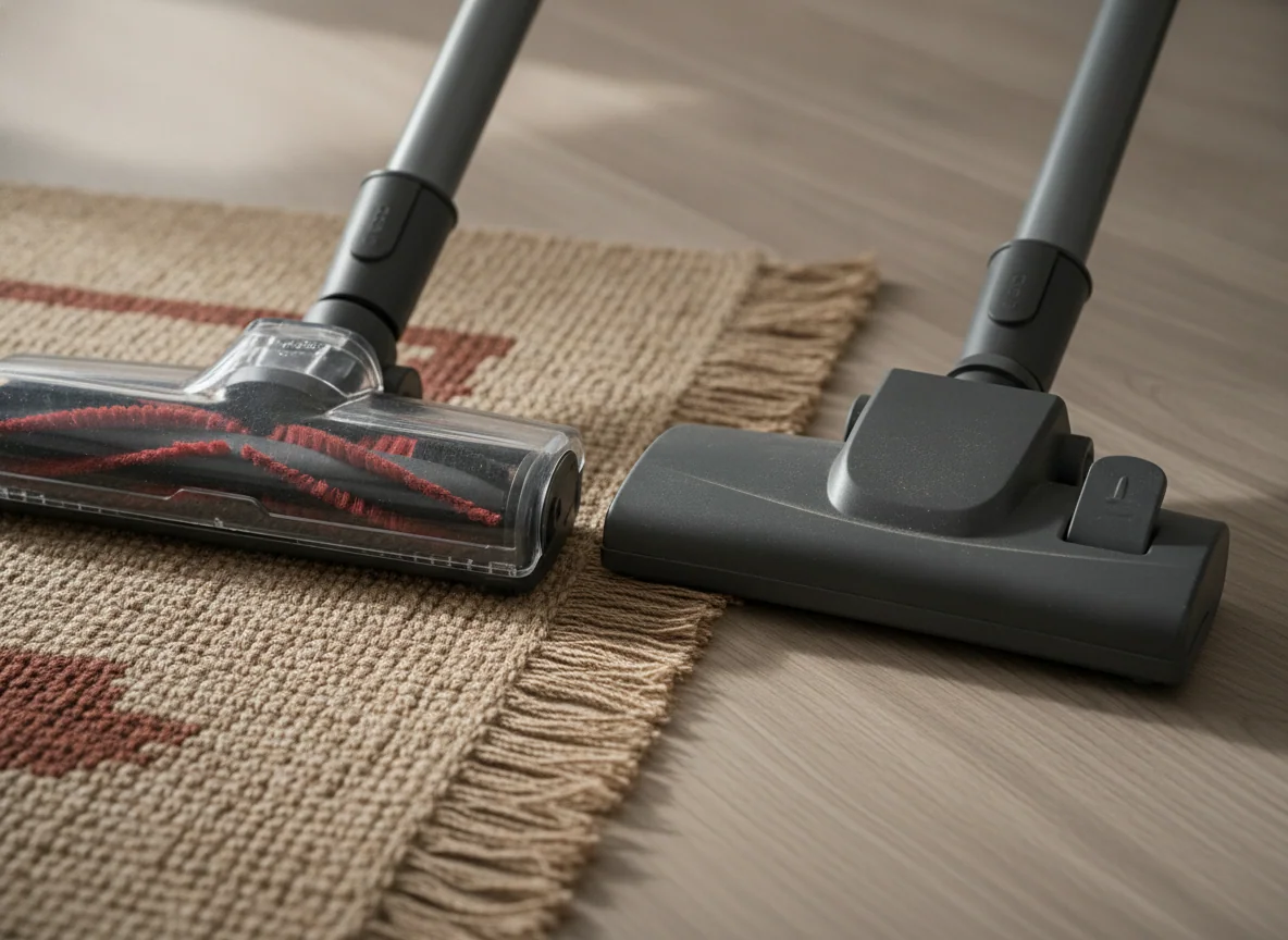 Two generic floor heads sit beside each other at the edge of a rug, one with a powered brush roll and one with a simple suction opening.