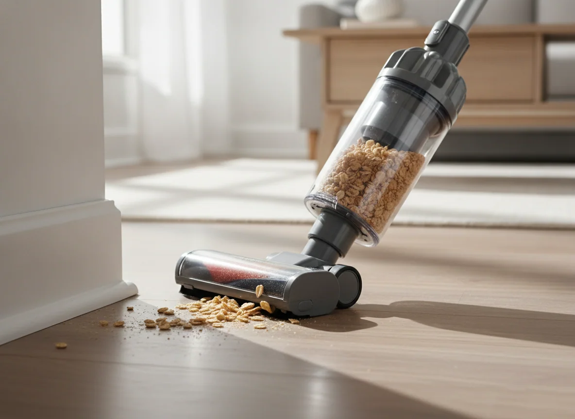 A cordless stick vacuum picks up cereal pieces along a baseboard, its clear dust bin showing debris collecting inside.
