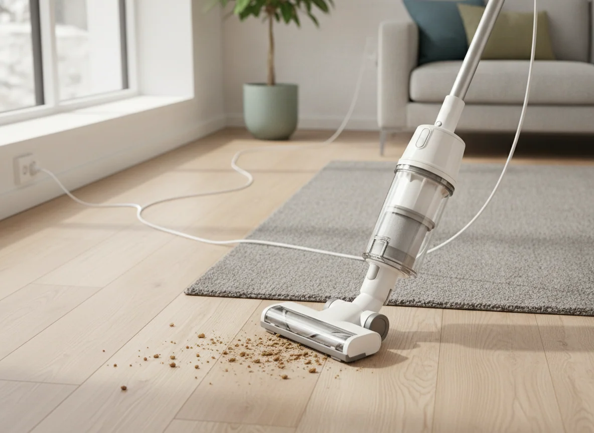 A lightweight corded stick vacuum cleans crumbs from a low-pile rug while its power cord trails neatly across the floor.