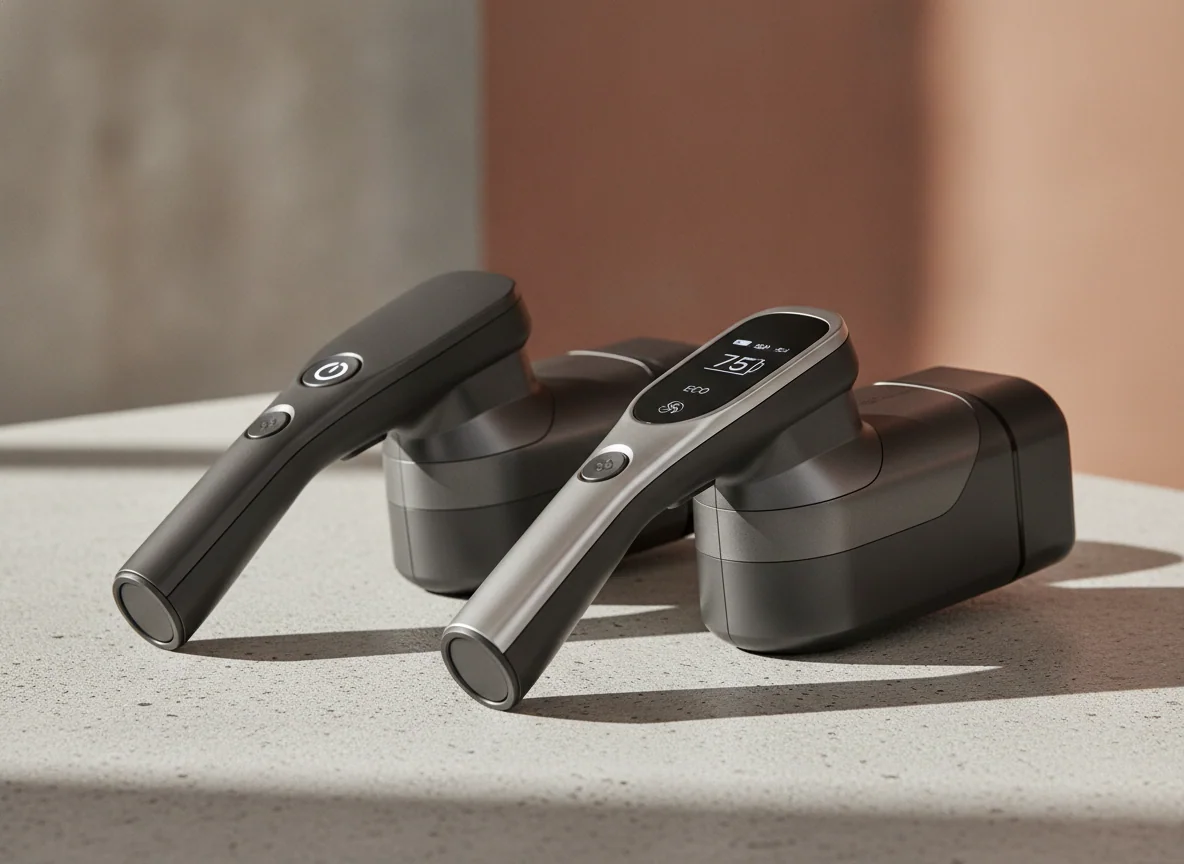 Two cordless vacuum handles sit together, showing a simple power control on one and a larger status display with a higher-capacity battery on the other.