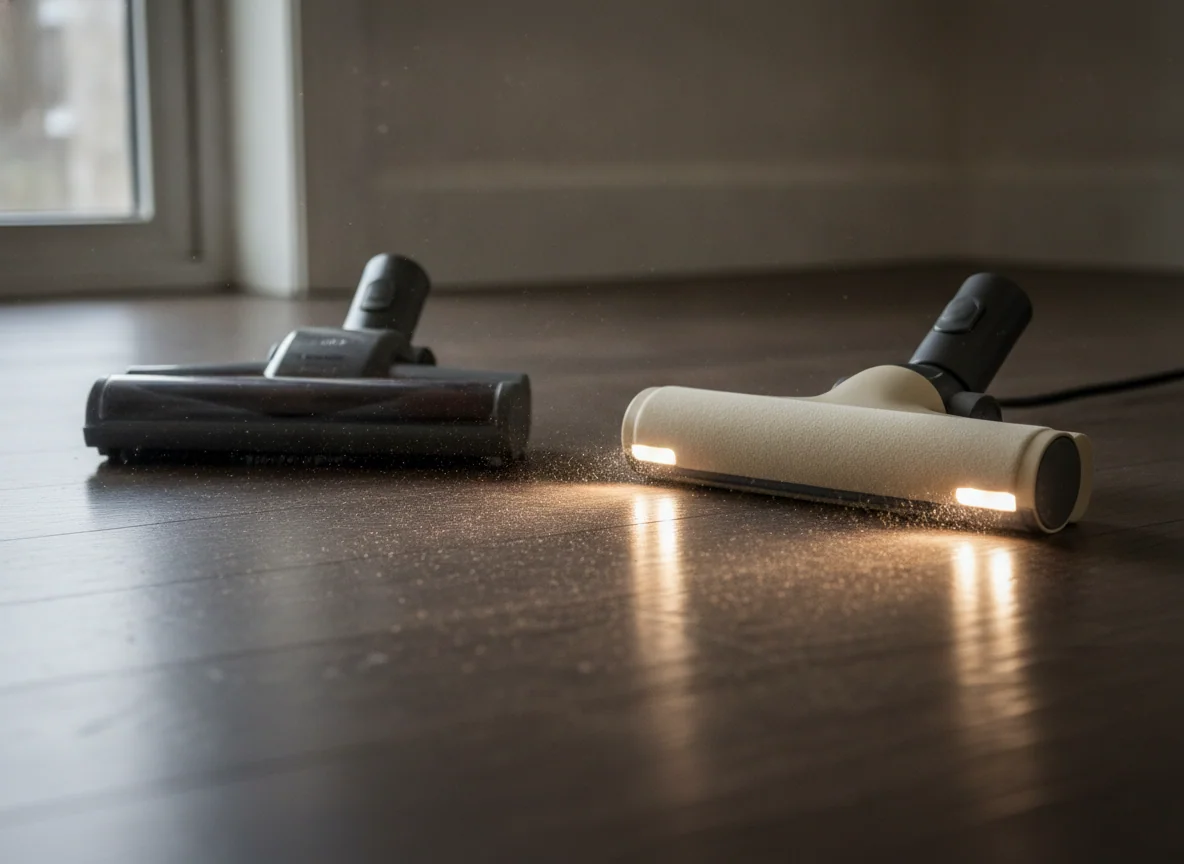 A basic powered floor head sits beside a soft roller head that illuminates fine particles across a dark wood floor.