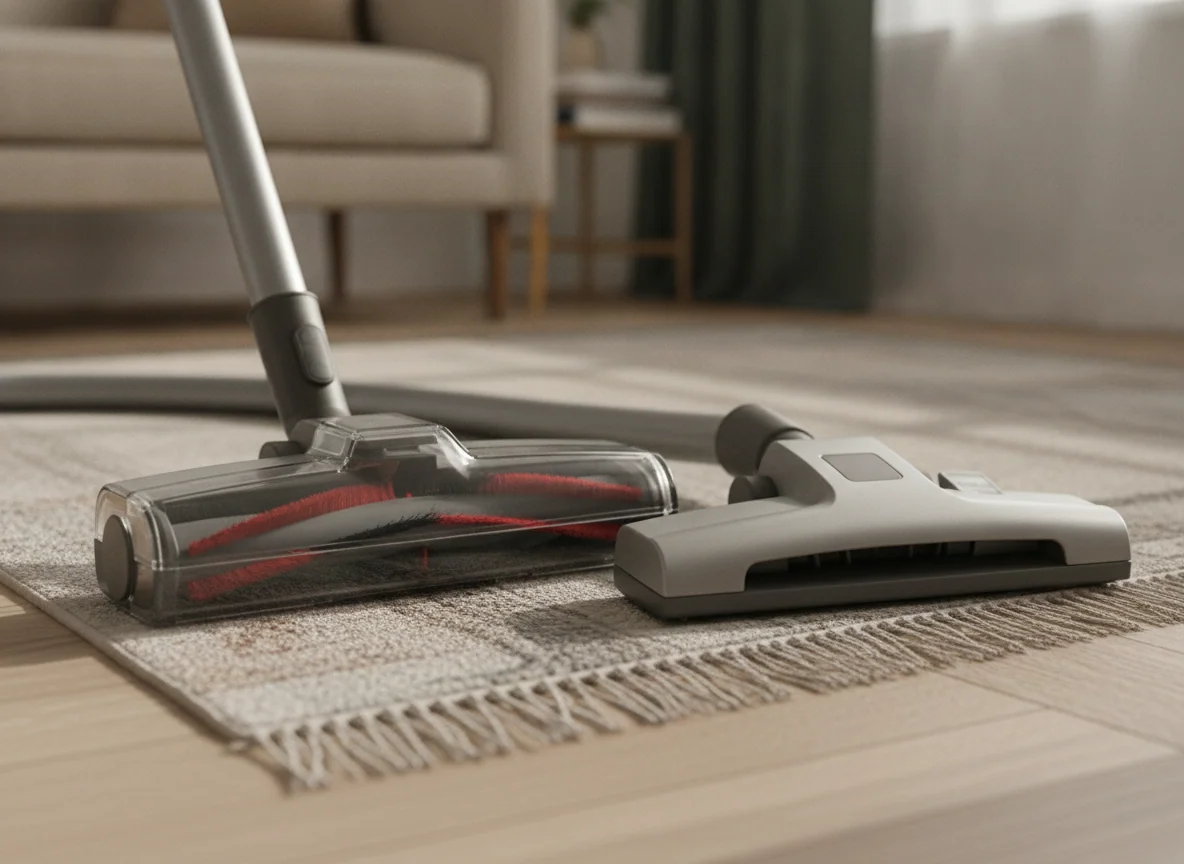 Two generic floor heads sit beside each other at the edge of a rug, one with a powered brush roll and one with a simple suction opening.