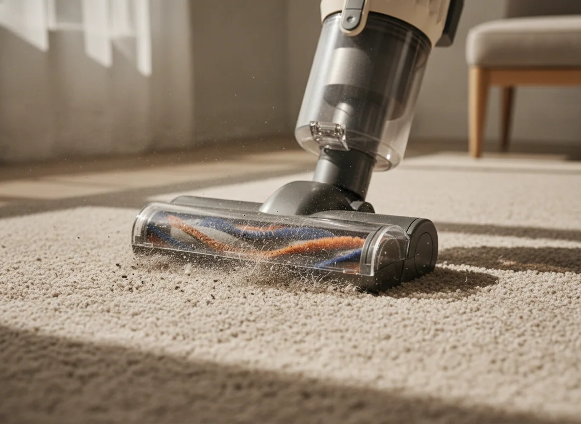 A close view shows a powered brush roll pulling pet hair and grit from dense carpet while the vacuum remains free of a cord.
