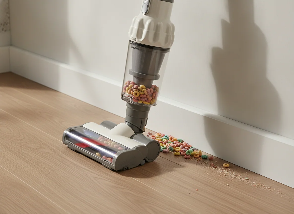 A cordless stick vacuum picks up cereal pieces along a baseboard, its clear dust bin showing debris collecting inside.
