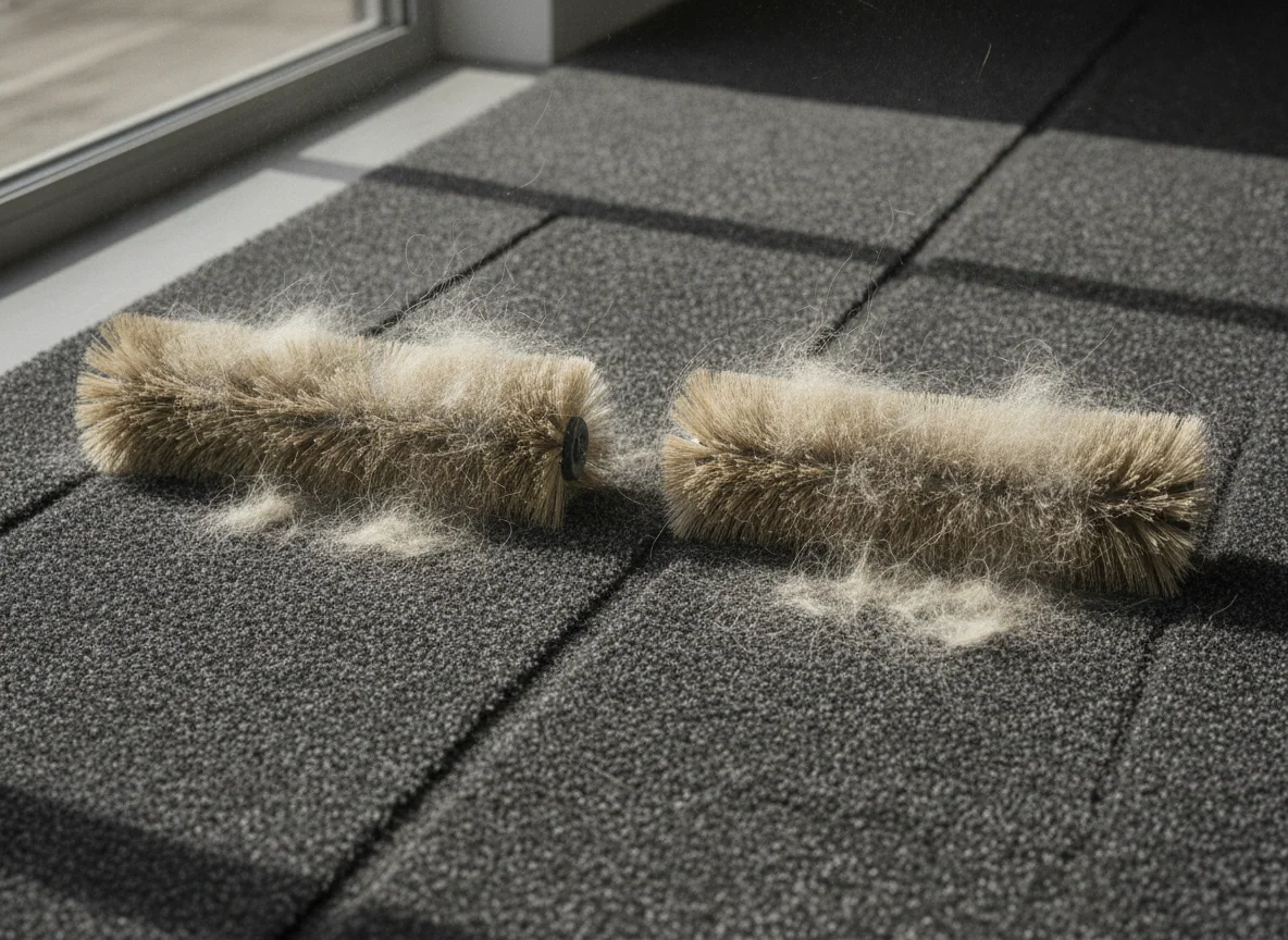 The two brush rolls lift pale pet hair from dark carpet in parallel paths, with strands and collected fur clearly visible.