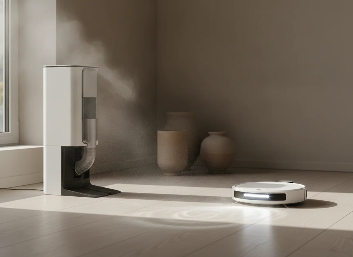 One vacuum empties into a tall floor dock while the other reveals fine dust with a bright beam from its low-profile cleaner head.