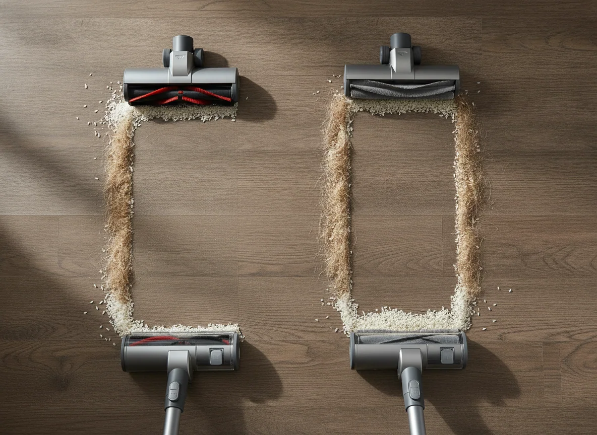 The two generic floor heads clean parallel lines of rice and pet hair on laminate flooring, revealing different head widths and brush designs.