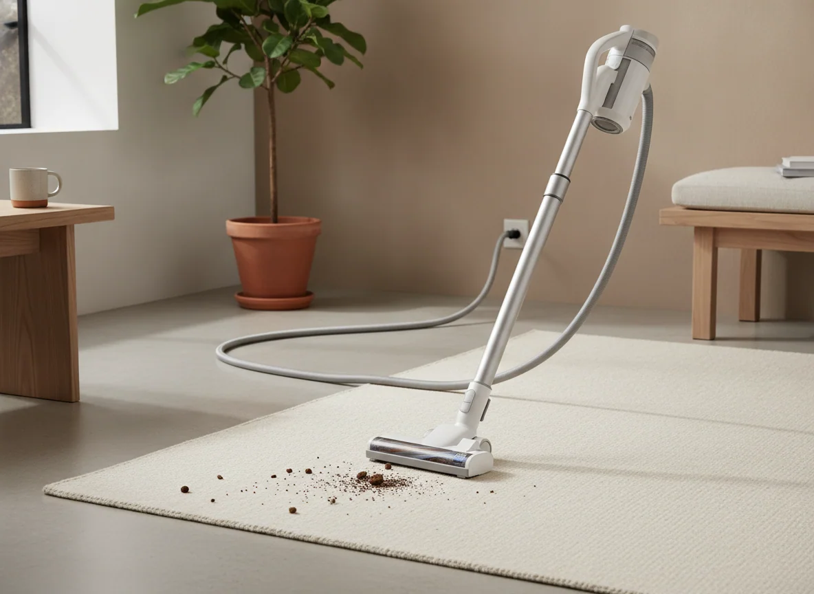 A lightweight corded stick vacuum cleans crumbs from a low-pile rug while its power cord trails neatly across the floor.