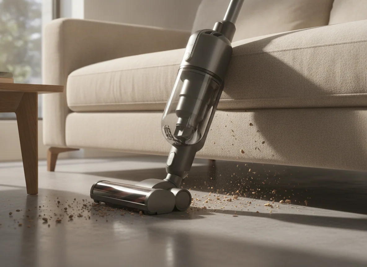 A cordless stick vacuum bends low beneath a sofa while its powered brush roll gathers crumbs from the floor.