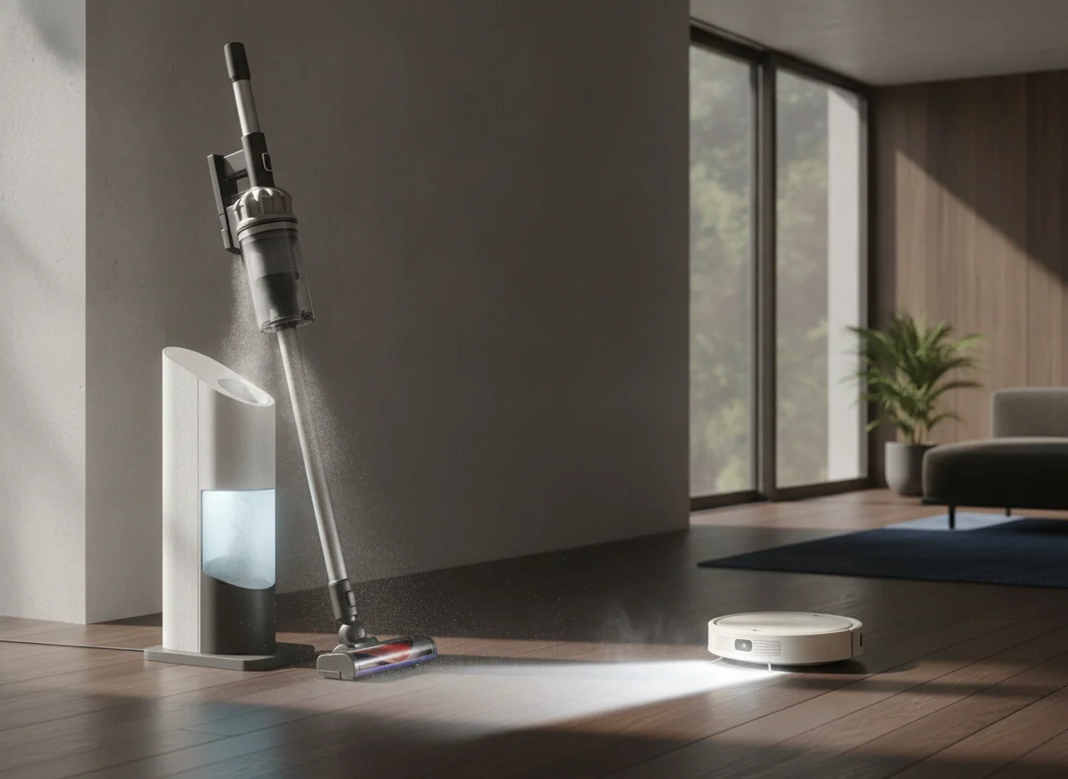 One vacuum empties into a tall floor dock while the other reveals fine dust with a bright beam from its low-profile cleaner head.