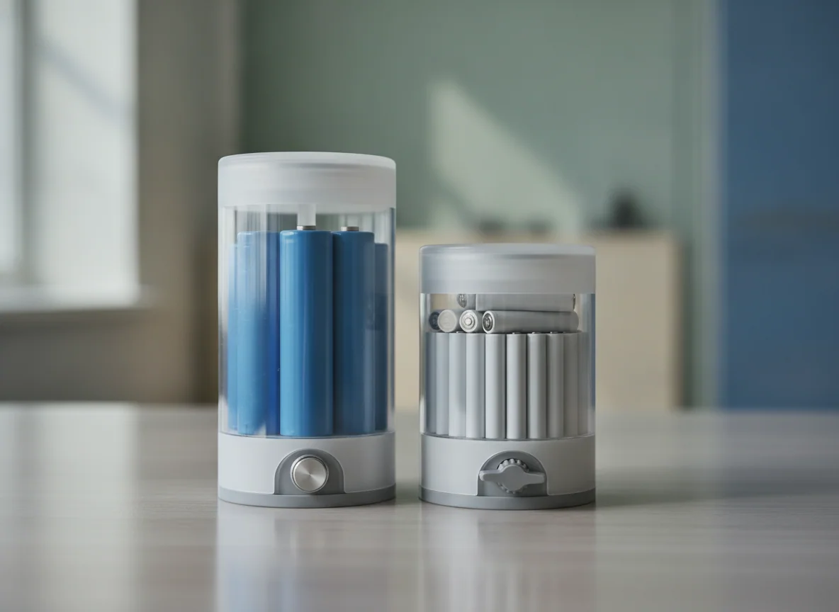 The two clear dust bins and removable batteries are compared on a clean table, showing different capacities and release mechanisms.