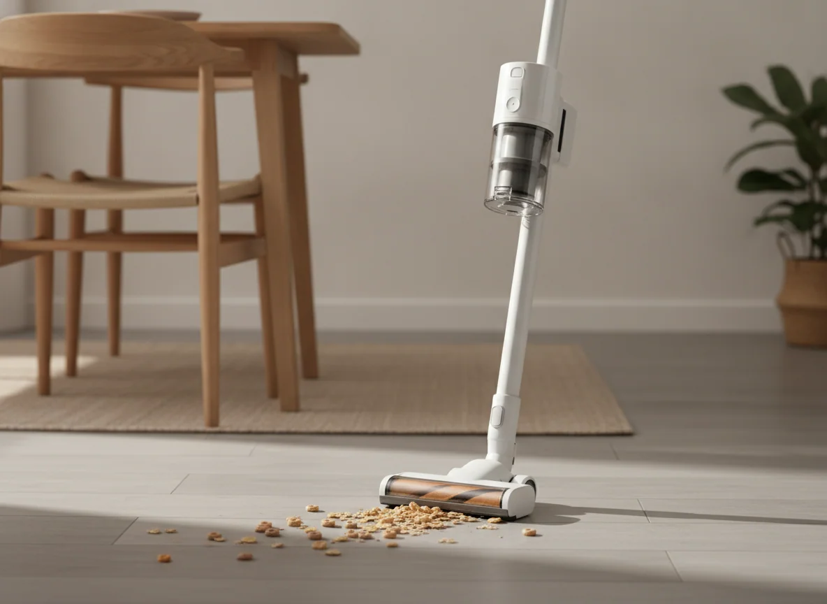 A basic lightweight stick vacuum cleans cereal from beneath an inexpensive dining chair, with a compact dust cup visible above the floor head.